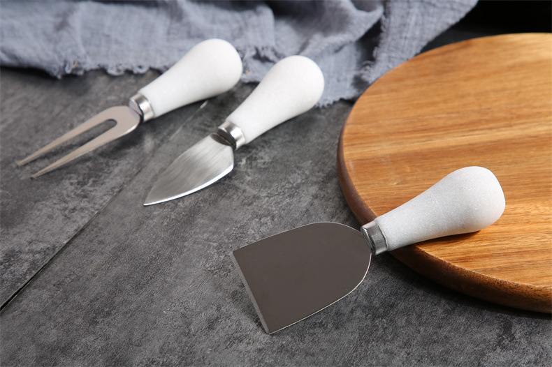3-Piece Stainless Steel Cheese Knife Set with White Ergonomic Handles – Fork, Spreader, and Slicer